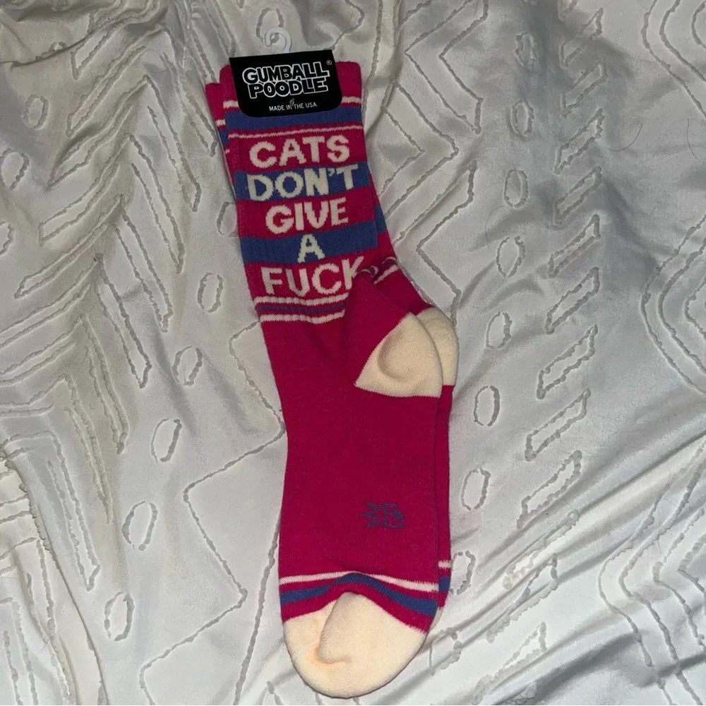 Pink ‘CATS DONT GIVE A FXCK’ Gumball Poodle Cat Socks, Brand New